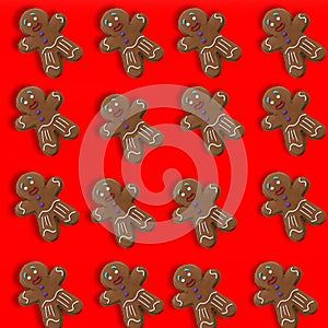 Gingerbread man cookie pattern on a red background