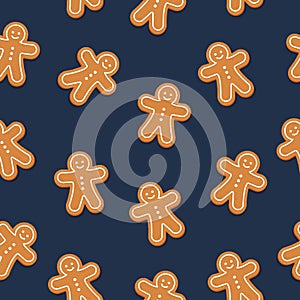 Gingerbread man cookie seamless pattern blue background