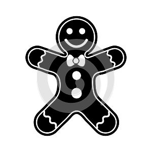 Gingerbread man cookie silhouette black icon vector, flat sign, isolated on white,  Holiday sweet cookie illustration. Symbol of