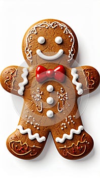 Gingerbread Man Cookie with White Icing and Red Bow Tie on White