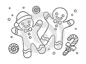 Gingerbread man cookies with peppermint and candy cane outline line art doodle cartoon illustration. Winter Christmas theme