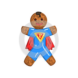 Gingerbread man in costume of superman, Christmas character with funny face vector Illustration on a white background