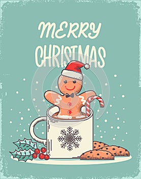 Gingerbread Man in cup of chocolate vector vintage card. Vector Christmas card background with holly berry decorations