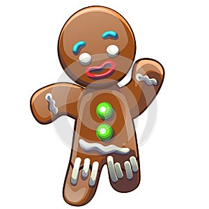 Gingerbread man decorated colored icing isolated on white background. Holiday cookie in shape of boy. Vector cartoon