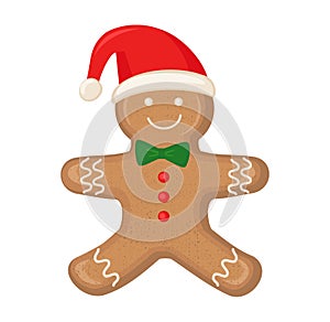 Gingerbread man is decorated colored icing on white background.