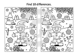Gingerbread man find ten differences picture puzzle and coloring page