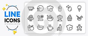 Gingerbread man, Food delivery and Cooking timer line icons. For web app. Vector