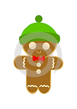 Gingerbread man in a green hat on a white background. Vector illustration in a flat style.