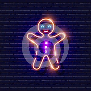 Gingerbread man neon sign. Glowing cookie icon. New Year and Christmas concept. Vector illustration for design