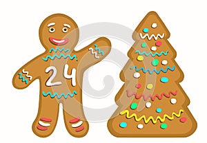 Gingerbread man with the number 24 denoting New Year 2024. Cookie stylized Christmas tree.