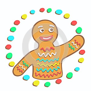 Gingerbread man points with her hand in the direction of something.