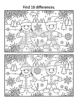 Gingerbread man and snow maiden walking together in outdoor winter scene difference game