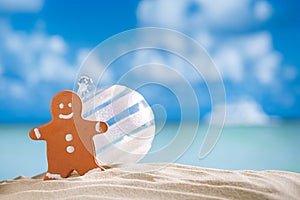 gingerbread man and starfish christmas tree on beach with seascape background