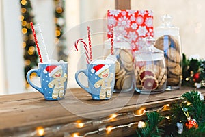 Gingerbread Man with two blue cups - Christmas Holiday Background