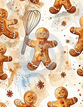 Gingerbread Man and Whisk Festive Pattern