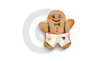 Gingerbread man on a white background. Christmas baking, top view, flat lay,copy space