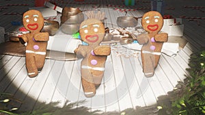 Gingerbread men dancing in the middle of a festive Christmas table. The concept of the celebration. 3D Rendering