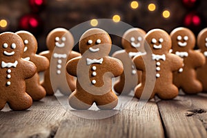 Gingerbread men homemade cookies on festive background. Christmas pastries. AI generated