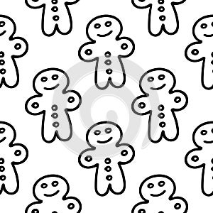 Gingerbread seamless pattern. Cute smiling Christmas cookie festive texture. Cozy winter baking line vector background