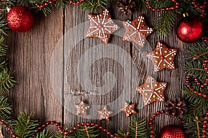 Gingerbread star cookies composition in fir tree