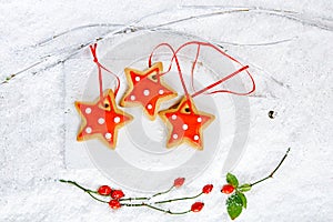 Gingerbread star cookies on white wood and snow background