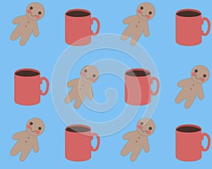 gingerbread sweet man with red mug on blue background