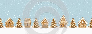 Gingerbread village. Christmas background. Seamless winter border