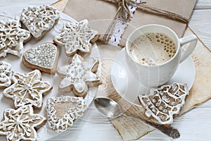 Gingerbread in white glaze. Fancy Christmas Cookies. Gingerbread Christmas tree. Glazed Christmas Cookies