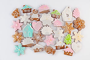 Gingerbreads flat lay on white