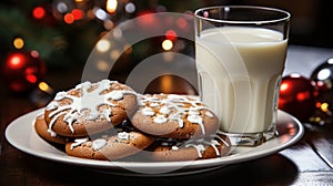 Frosted Gingersnap Cookies and Milk on a Small Plate Waiting for Santa by the tree on Christmas Eve. Generative AI photo