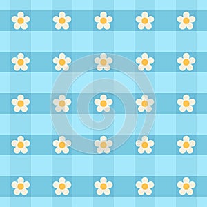Gingham check pattern in blue color with daisies