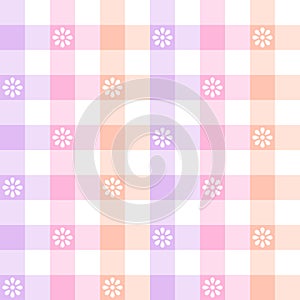 Gingham check pattern with flowers for spring summer. Multicolored gradient pastel tartan plaid for tablecloth, oilcloth. photo
