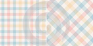 Gingham check pattern multicolored print in pink, blue, yellow, off white. Light pastel vichy graphic for gift paper, tablecloth.