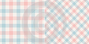 Gingham check pattern spring summer in blue, pink, off white. Seamless light pastel vichy background vector for gift paper.