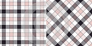Gingham check plaid pattern in black, pale pink, white. Seamless herringbone textured stitched vichy tartan plaid for dress.