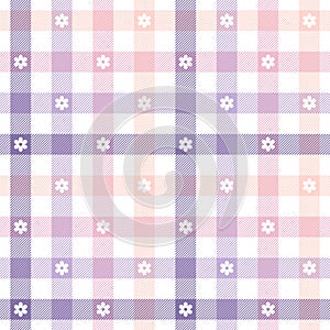 Gingham check plaid pattern. Floral background in lilac, pink, white for spring summer. Beautiful vector print with small flowers.