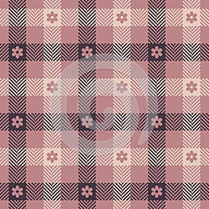 Gingham check plaid pattern with floral ornament. Seamless tartan vichy illustration in pink, brown, beige for gift paper, dress.