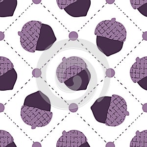 Gingham Geometric Purple Fall Acorns and Polka Dots Seamless Pattern Background