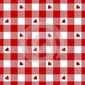 Gingham pattern with hearts for Valentine\'s Day. Seamless red and white cute herringbone tartan check for gift paper.