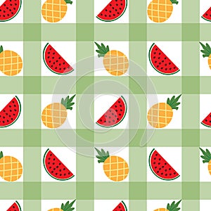 Gingham plaid, tartan fabric texture, vector seamless pattern. Summer fruits checkered repeat pattern textile design.