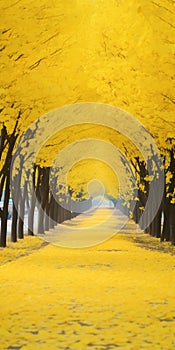 Dreamlike Yellow Trees On Trail A Storybook-like Passage photo