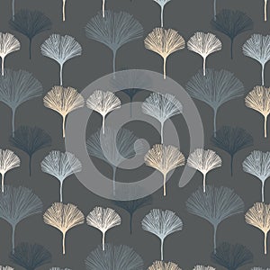 Gingko leaf vector pattern, repeating abstract drawing gingko leaf on dark background.