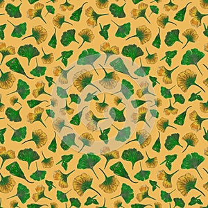 Gingko Leaves and fruits on orange background. Raster seamless background