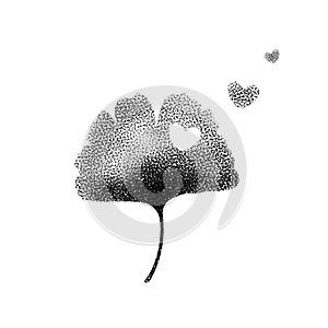 Ginkgo biloba leaf black on white Valentines background with heart, trend dotty design contemporary pointillism tattoo halftone