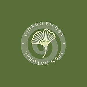 Ginkgo Biloba Leaf green badge and icon in trendy linear style - Vector round Logo of gingko 100 percent natural