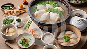 Ginseng chicken soup or Samgyetang, Koreans traditional food chicken stuffed with rice, ginsenga popular stamina food in summer