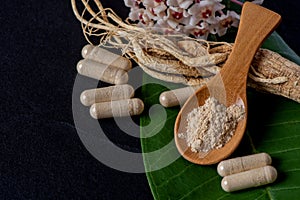 Ginseng ,powder and powder in capsule on black ceramic background