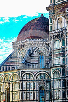 Giotto`s Bell Tower and the Cathedral of Santa Maria del Fiore in  Florence, Italy