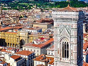 Giotto`s Bell Tower in  Florence, Italy. with surrounding cityscape