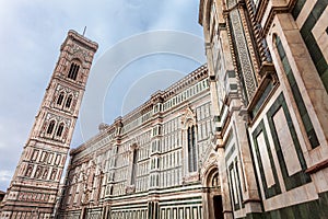 Giotto`s Campanile near the Cathedral of Santa Maria del Fiore on the Piazza del Duomo in Florence, Italy.